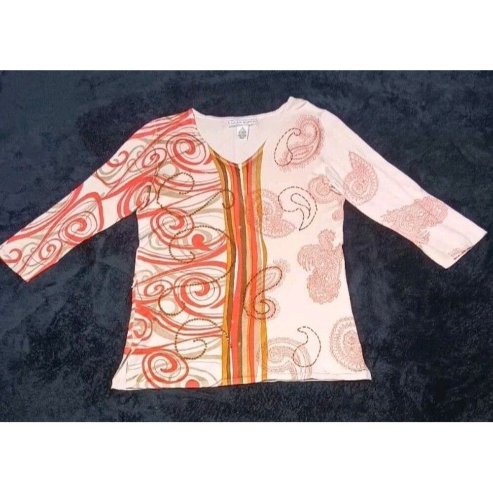 Lucia Burns Silk Blend 3/4 Sleeves Blouse M Orange Cream Sequin Paisley Swirls